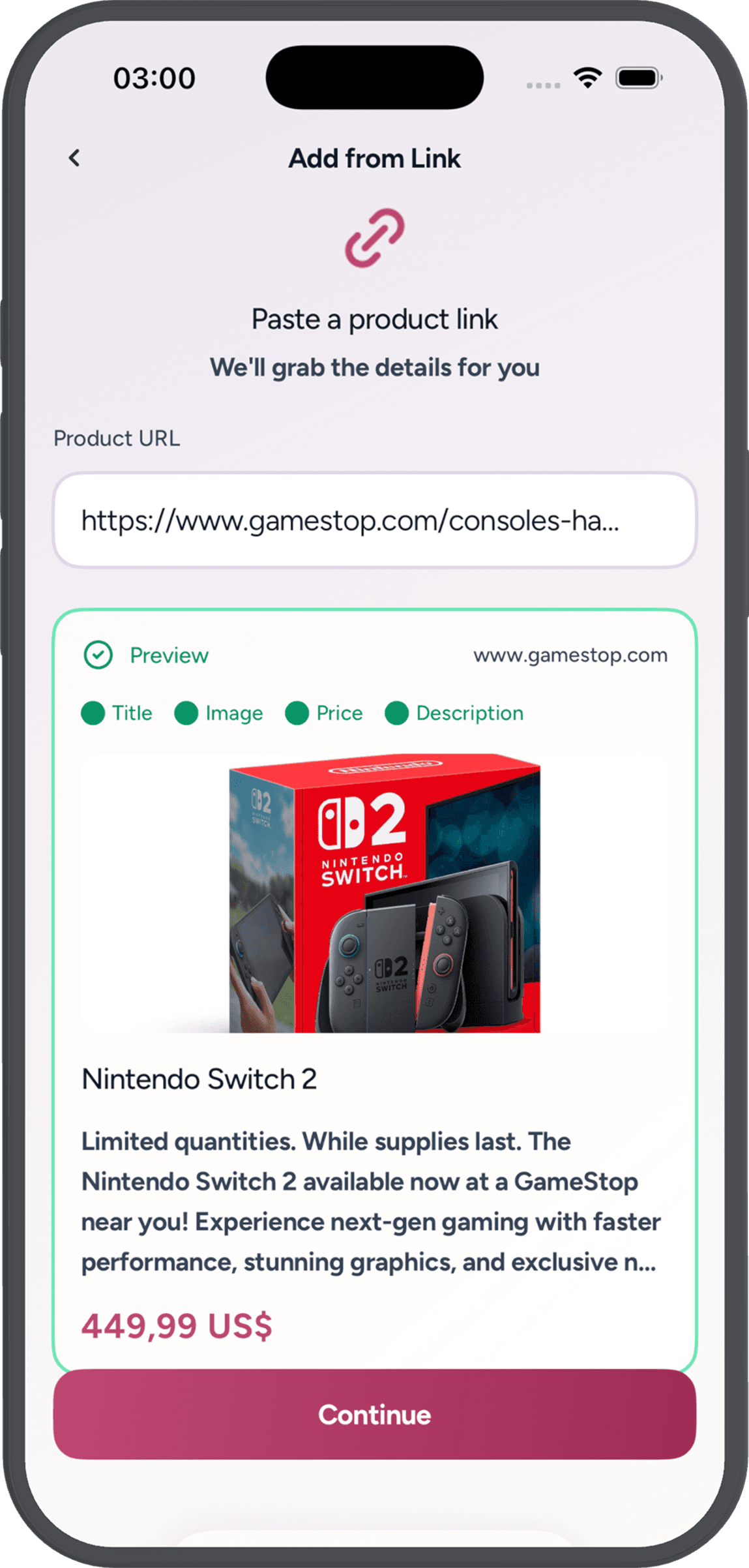 Adding a wish to Wishy from a shopping link